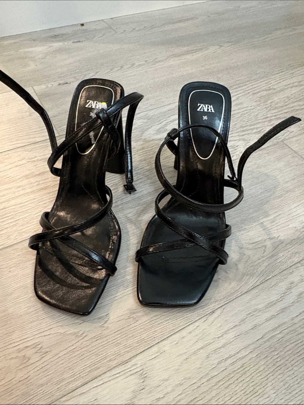 ZARA Black Strappy Square-Toe Heeled Sandals